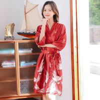 睡衣女夏冰丝情侣浴袍春秋薄款睡袍性感新娘晨袍宽松大码男士浴衣 酒红[女] M 适合[160厘米-120斤以内]