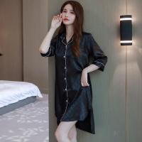 高档睡衣女裙性感时尚舒适冰丝薄款丝绸短袖中长款开衫仿真丝睡衣 黑色 冰丝圆点睡裙 M 建议80-99斤