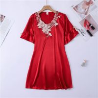 新款睡衣性感女夏薄款仿真丝短袖蕾丝韩版高档丝绸性感冰丝睡裙 酒红色 不掉色 M 建议80-95斤