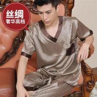 V领性感短袖长裤真丝睡衣青年丝绸套装男士薄款休闲套头冰丝大码 V领短袖短裤 千鸟格 男L码 120-140斤