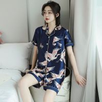 情侣睡衣女薄款夏季男士冰丝新结婚夫妻胖mm200斤大码家居服套装 单女仙鹤深蓝色 高品质 短袖短裤 M女装建议 80-1