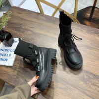 英伦风马丁靴女2021春季新款中跟厚底系带短靴弹力百搭机车瘦瘦靴 黑色 39