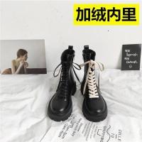 马丁靴女2020年新款冬季加绒百搭厚底机车靴秋冬鞋子女英伦风短靴 黑色(薄绒)送白鞋带 35