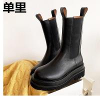 mona真皮同款英伦风切尔西靴秋冬厚底烟筒靴中短筒保暖马丁靴女 黑色【单里中筒】 35 标准码