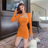新款韩版时尚性感气质修身斜肩抹胸包臀连衣裙+披肩短外套两件套 橘色 S