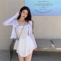 2021夏季抹胸透明防晒开衫长袖女一字肩抹胸褶皱性感收腰连衣裙裤 白色外套 均码