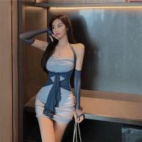 挂脖连衣裙仙女早春季2021新款高腰显瘦抹胸包臀短裙子法式a字裙 蓝色 S