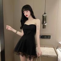 时尚主播衣服性感抹胸打底连衣裙夜场蝴蝶结裹胸蓬蓬裙伴娘小礼服 黑色 S