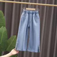 女童夏季牛仔阔腿裤薄女孩七分裤2021新款开叉中裤洋气中大童裤子 珍珠七分裤 59