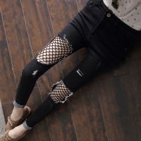 九分破洞牛仔裤女小脚铅笔裤春秋学生渔网格乞丐烂潮黑色紧身裤子 黑色九分裤(春夏渔网薄款) 31 码(适合133-142斤