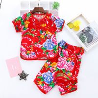 夏季薄款女童七分袖绵绸儿童汉服家居服男童女童短袖两件套中国风 红色牡丹 80码建议身高70 -80厘米可开档