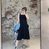 大码200斤胖mm吊带裙女中长款夏季新款黑色女遮肚显瘦300斤背心裙 黑色背带裙 XL 建议100-130斤