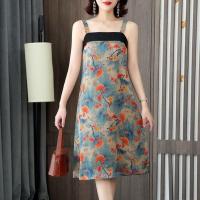 吊带裙中长款夏香云纱连衣裙女2021春夏印花长款吊带背心裙 黑边银杏 L[85-105斤]