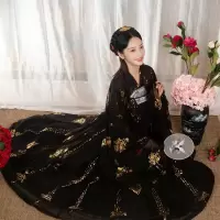 如梦见原创汉服女[鱼跃溪]对襟齐胸襦裙大袖衫烫金仙气夏季 S(黑色大袖衫)