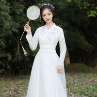 汉服女襦裙仙女粉色清新淡雅仙气古风大广袖原创古筝演出服秋季 白色小袖(买一送五) 尺码建议咨询客服 S体重80-100斤