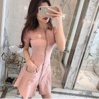 2021新款法式炸街裙子ins显瘦性感短袖拉链连衣裙女夏季修身短裙 粉红色 S [建议85斤内]