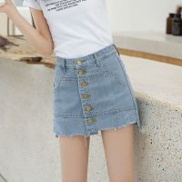 夏矮个子a型包臂裙半身裙高腰防走光牛仔短裙a字裙下半身裤裙短款 浅蓝色 XL 建议115—125斤