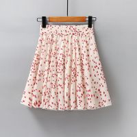 55色印花百褶裙女春夏短裙高腰a字伞裙显瘦小个子雪纺半身裙子夏 802杏底爱心花42 M (100斤以下)