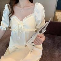 春夏季睡衣女2021年新款冰丝睡裙性感蕾丝洋气减龄短袖公主风长裙 奶酪黄（带胸垫） S