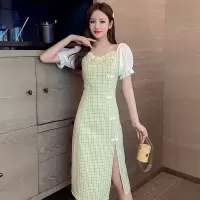 中国风气质民旗袍性感开叉格子改良文艺旗袍a字裙女 绿色 [精品] S 关注店铺优先发货