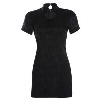 SUCHCUTE性感开叉胸前镂空设计感短袖旗袍连衣裙收腰显瘦包臀裙女 黑色 S