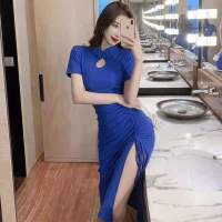 中长款连衣裙女夏季复古改良旗袍开叉抽绳设计感气质紧身包臀裙子 蓝色 S 建议90斤以内