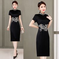 黑色旗袍女改良性感开叉高档民族风复古连衣裙2021新款流行中长款 黑色 [中长款] M