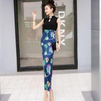 2020夏夜店女装时尚名媛性感镂空拼接印花开叉礼服长裙旗袍连衣裙 黑色 S