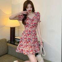 桔梗茶歇法式泡泡袖碎花连衣裙小个子夏装显瘦轻熟风收腰初恋裙子 图色 红花 S