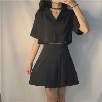 炸街短袖衬衫套装女夏季新款学生韩版黑色上衣高腰显瘦短裙两件套 黑色裙子[单件] 2XL 建议120斤-145斤