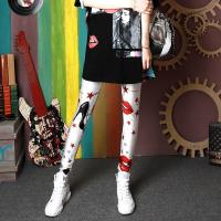 时尚打底裤女薄款2020新款弹力显瘦紧身裤潮个性图案外穿九分裤子 白色 S 建议80-100斤