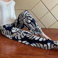 灯笼裤男女夏季绵棉绸休闲宽松大码束脚裤人造棉家居长睡裤外穿薄 (女)深蓝大白叶 花边裤 XL 男 90-120斤