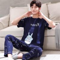 青少年睡衣春夏棉质半袖大童初中学生男孩夏天短袖长裤薄款家居服 3522短袖长裤深兰龙猫 男少年版M码[60-80]斤