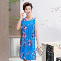 2021新款棉绸睡裙女夏人造棉过膝盖长裙短袖睡衣宽松大码40岁连衣 11号蓝百合_促销 XL 85-105斤