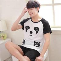 男士睡衣夏季短袖短裤卡通青少年男式夏天休闲薄款家居服学生套装 单套:短黑白熊猫 M码建议155cm/95斤内