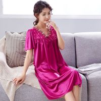 夏季短袖冰丝睡衣加肥加大女性感大码胖MM200斤女夏冰丝睡裙 652睡裙酒红 M码 80-100斤