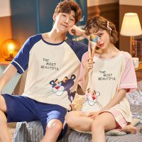 2套价情侣睡衣夏季短袖棉料韩版卡通可爱宽松男女士套装家居服 情侣短袖短裤:A2057 卡通豹 女M码+男款L码