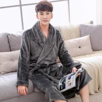 睡袍男秋冬季加厚长款法兰绒男士睡衣两件套珊瑚绒浴袍加绒保暖 新灰色浴袍男 L