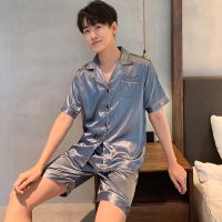 春夏季男士睡衣长袖薄款冰丝秋冬青少年仿真丝绸两件套家居服套装 （定制版）双短雾蓝 L 【建议100-120斤】