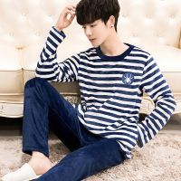 睡衣男冬季珊瑚绒加厚加绒保暖家居服套装法兰绒开衫男士秋冬款 套头藏青条纹 L