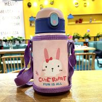 可爱萌小孩保温杯儿童水杯带吸管少女外出斜跨可背便携水壶幼儿园 304迷你兔子400ml 杯套+杯刷+贴纸
