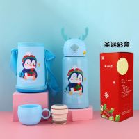3-10岁儿童316不锈钢保温杯防摔卡通可爱带杯套--安全品质保证 天蓝色小企鹅(一杯三盖+杯套)
