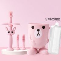 宝宝牙刷婴儿硅胶训练儿童0-1-2-3岁软毛牙刷宝宝牙胶儿童乳牙刷 藕荷粉 雨伞款 送2