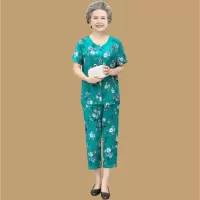 老年人棉绸睡衣套装女奶奶装绵绸短袖七分裤妈妈夏装人造棉家居服 1号色[上衣+裤子] XL[建议80--100斤]