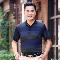 [单/2件]中老年男装长袖T恤爸爸装棉质翻领宽松薄款中年体恤 [单件短袖]801蓝色 M 建议90-115斤