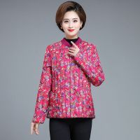 中老年棉袄短款加肥妈妈装大码女装加厚贴身内胆羽绒棉小花袄外套 玫红色印花 2XL (建议体重90斤-110斤)