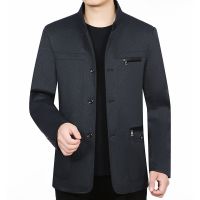 秋冬款中老年加绒加棉男装外套秋季爸爸装夹克衫爷爷上衣服纽扣装 [升级款]立领 夹克-直插袋-深黑灰 170/88A 建议