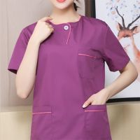 秋冬洗手衣长袖手术服女牙科医生护士工作服短袖刷手衣套装男裤 深紫玫红边短袖+裤子 S