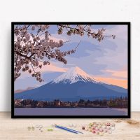 数字油画diy 风景花卉日本富士山樱花手工填充手绘填色客厅装饰画 088-富士山 40*50不带框内框