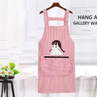 时尚防水防油长袖围裙可爱背带男女罩衣拉链兜厨房工作服韩版条纹 防水小女孩红条